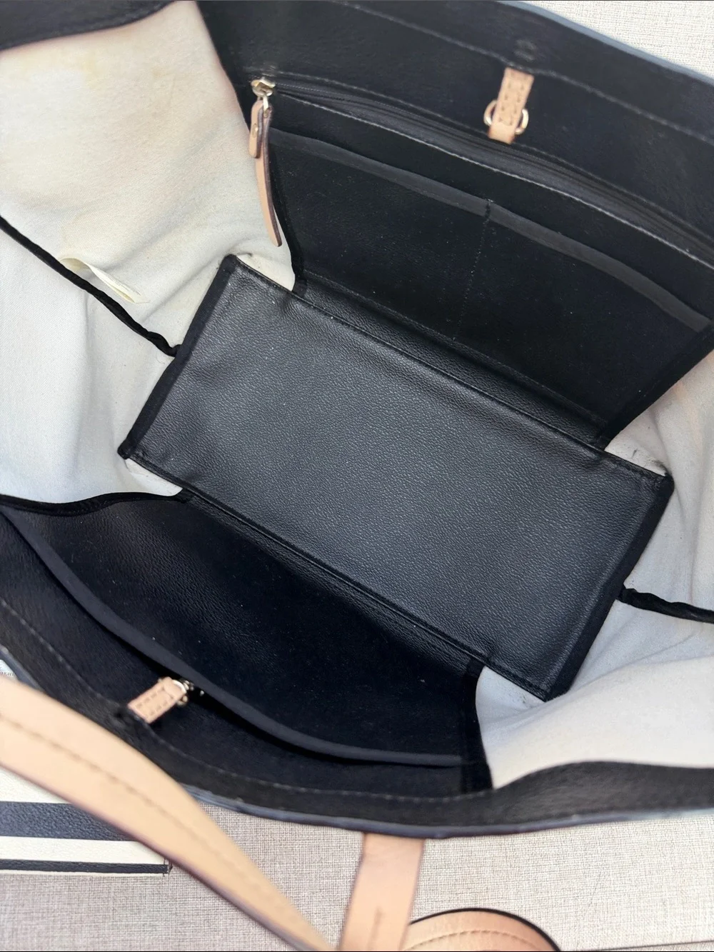 kate spade Black and White Striped Tote with Beige Handles and Matching Wallet